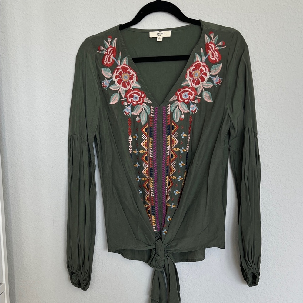 Entro Olive Green Embroidered Floral Cinched Wrist Tie Front Top